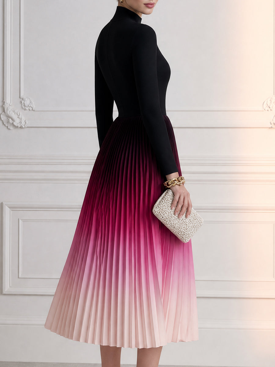 Ombre Pleated Long Sleeve Midi Dress with Mock Neck