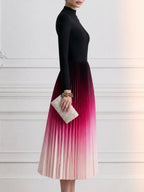 Ombre Pleated Long Sleeve Midi Dress with Mock Neck