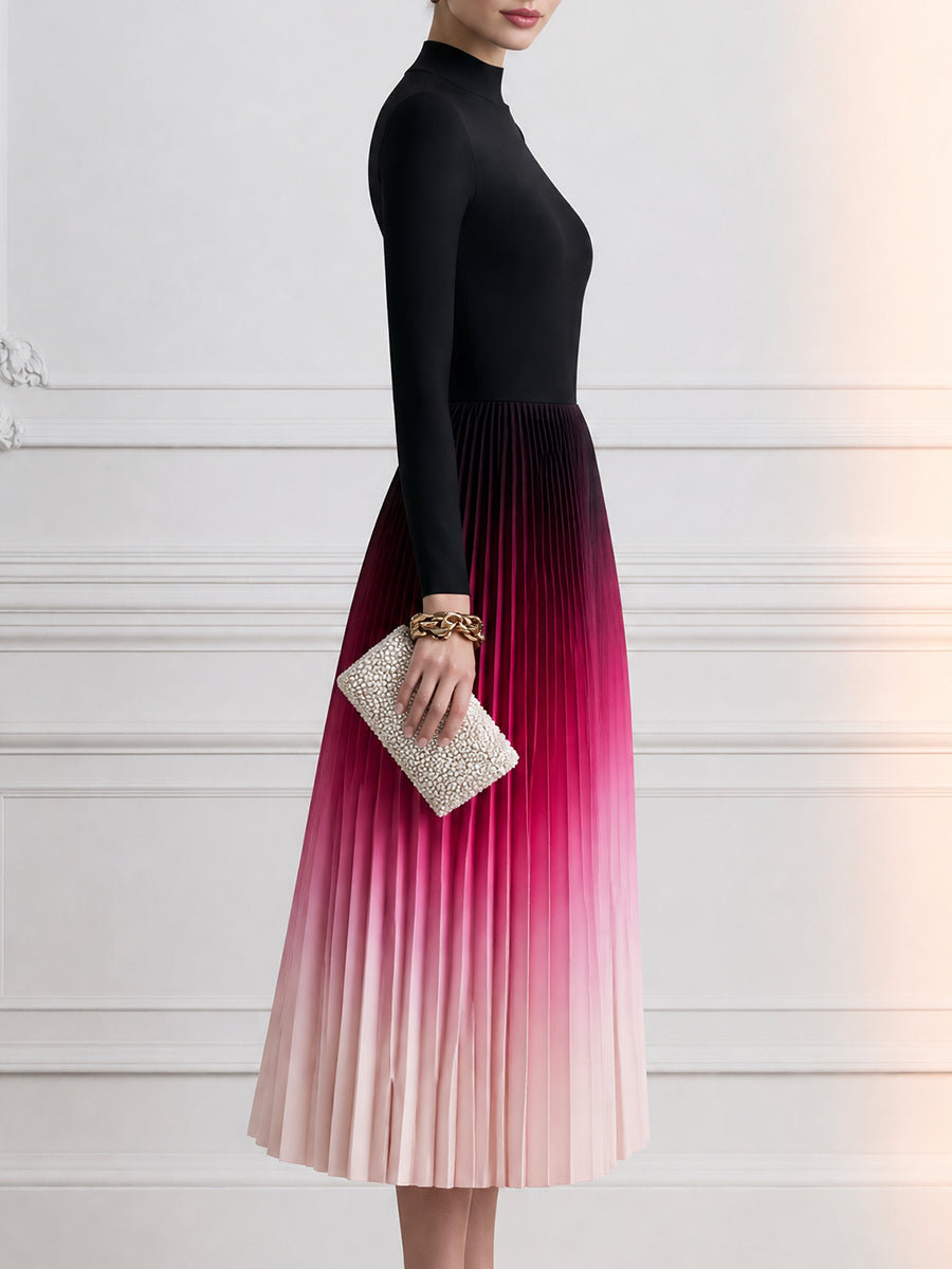 Ombre Pleated Long Sleeve Midi Dress with Mock Neck