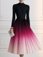 Ombre Pleated Long Sleeve Midi Dress with Mock Neck