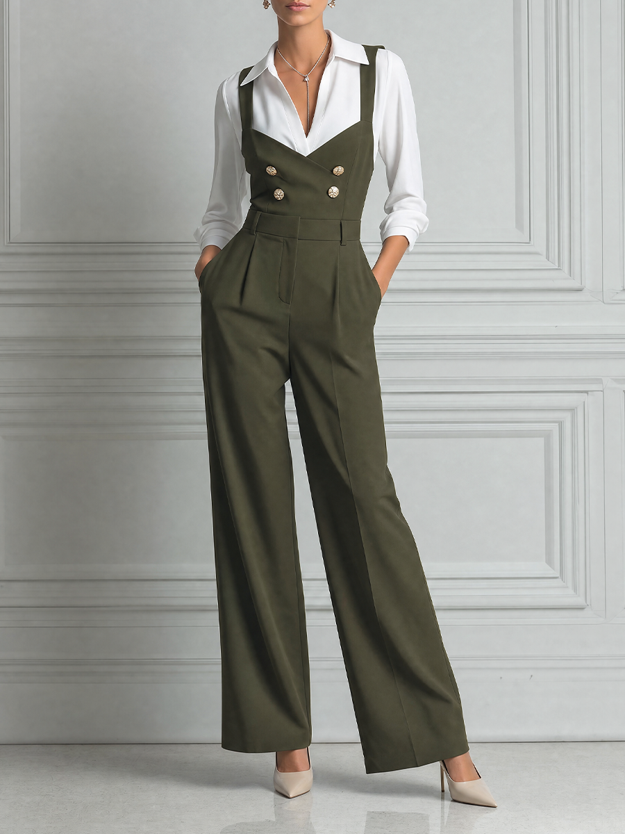 Olive Green Preppy Suspender Jumpsuit & White Button Shirt Set
