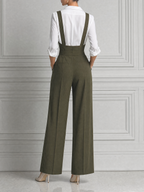 Olive Green Preppy Suspender Jumpsuit & White Button Shirt Set