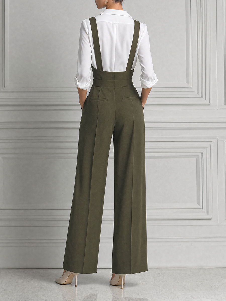 Olive Green Preppy Suspender Jumpsuit & White Button Shirt Set