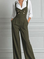 Olive Green Preppy Suspender Jumpsuit & White Button Shirt Set