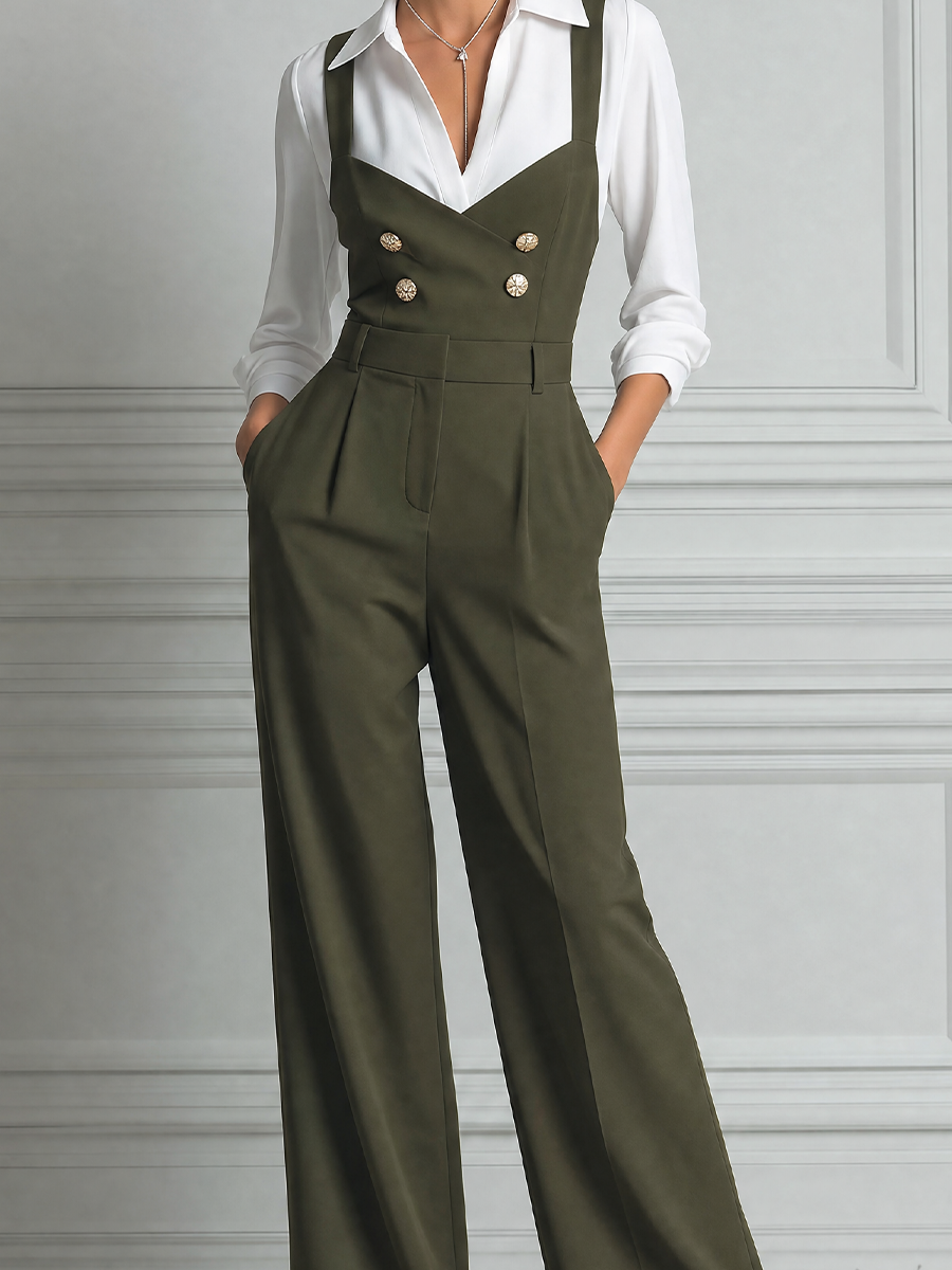 Olive Green Preppy Suspender Jumpsuit & White Button Shirt Set