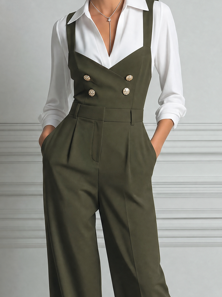 Olive Green Preppy Suspender Jumpsuit & White Button Shirt Set