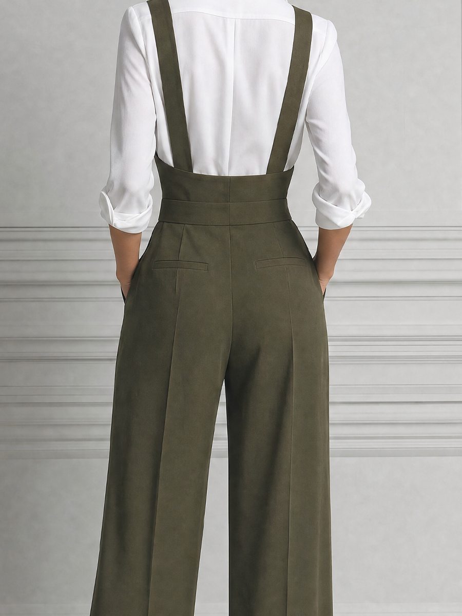 Olive Green Preppy Suspender Jumpsuit & White Button Shirt Set