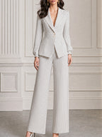 Pinstripe Double-Button Blazer And Wide-Leg Pants Set