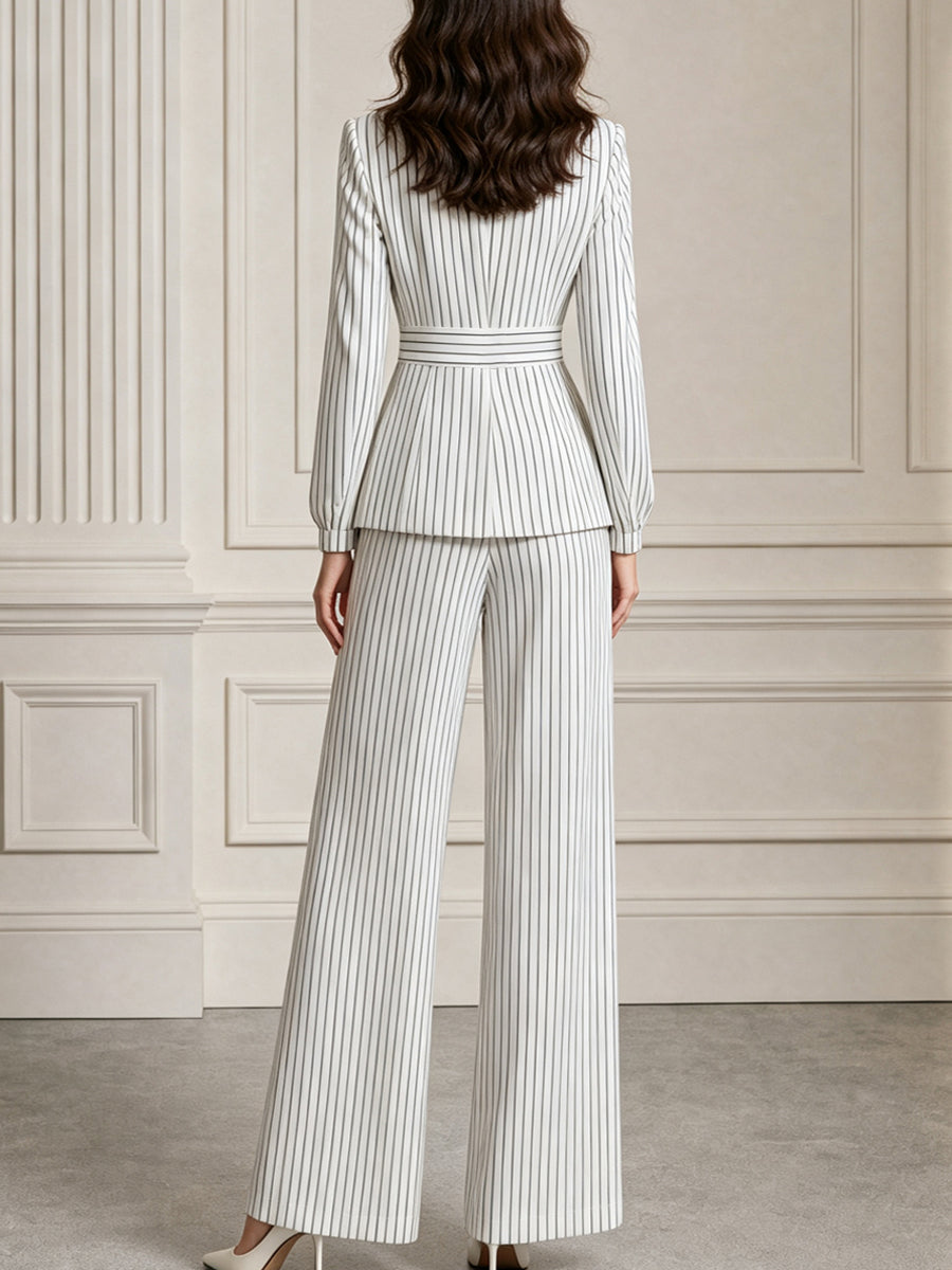 Pinstripe Double-Button Blazer And Wide-Leg Pants Set