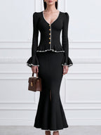 Black Ribbed Knit Peplum Cardigan & Mermaid Skirt Two-Piece Set
