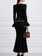 Black Ribbed Knit Peplum Cardigan & Mermaid Skirt Two-Piece Set