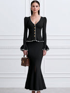Black Ribbed Knit Peplum Cardigan & Mermaid Skirt Two-Piece Set