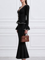 Black Ribbed Knit Peplum Cardigan & Mermaid Skirt Two-Piece Set