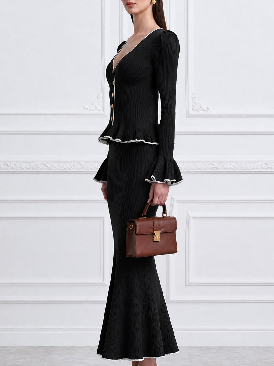 Black Ribbed Knit Peplum Cardigan & Mermaid Skirt Two-Piece Set
