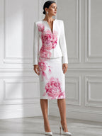 Elegant Floral Print Blazer And Pencil Skirt Two-Piece Set