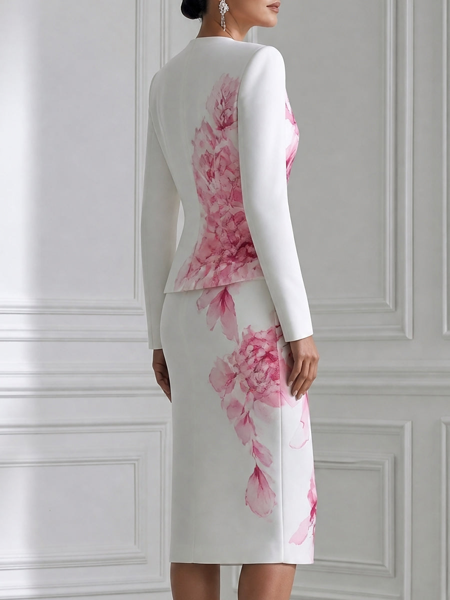 Elegant Floral Print Blazer And Pencil Skirt Two-Piece Set