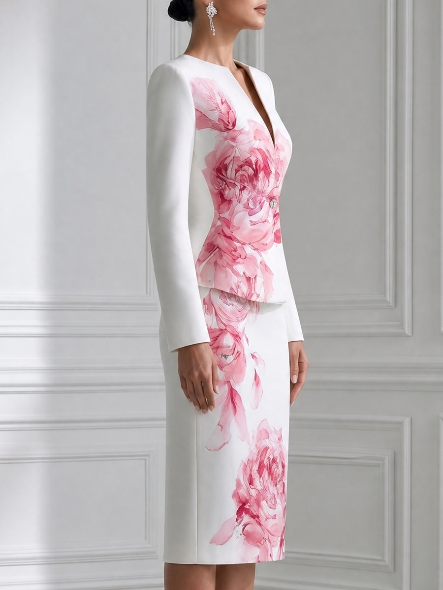 Elegant Floral Print Blazer And Pencil Skirt Two-Piece Set