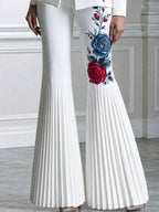 Rose Print Single-Button Blazer And Pleated Flare Pants Set