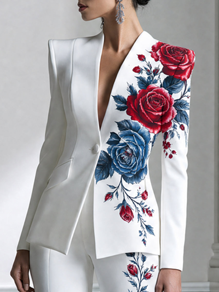 Rose Print Single-Button Blazer And Pleated Flare Pants Set