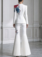 Rose Print Single-Button Blazer And Pleated Flare Pants Set