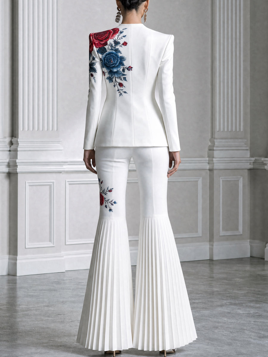 Rose Print Single-Button Blazer And Pleated Flare Pants Set