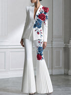 Rose Print Single-Button Blazer And Pleated Flare Pants Set
