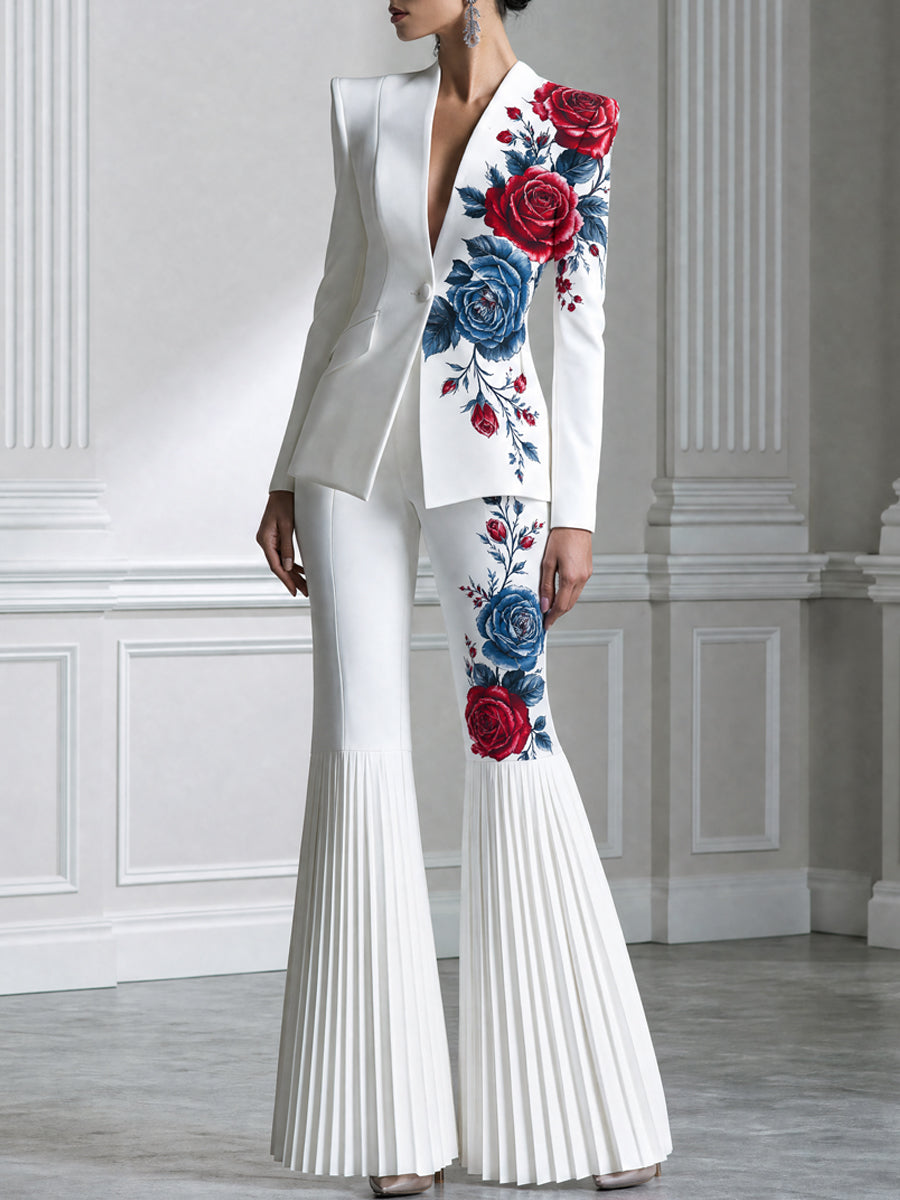 Rose Print Single-Button Blazer And Pleated Flare Pants Set