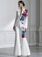 Rose Print Single-Button Blazer And Pleated Flare Pants Set