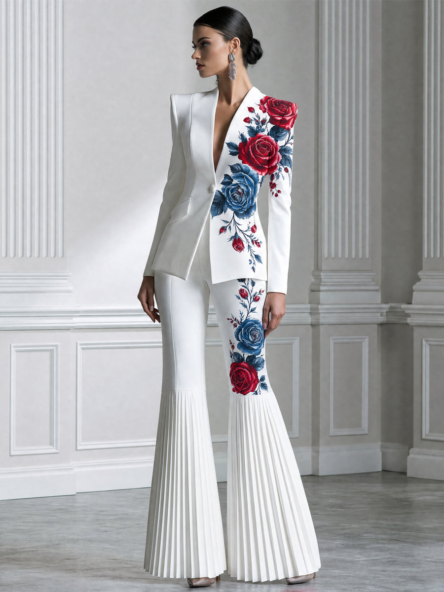 Rose Print Single-Button Blazer And Pleated Flare Pants Set