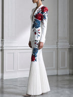 Rose Print Single-Button Blazer And Pleated Flare Pants Set