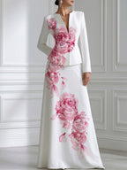 Elegant Floral Print Long Sleeve Blazer & Maxi Skirt Two-Piece Set