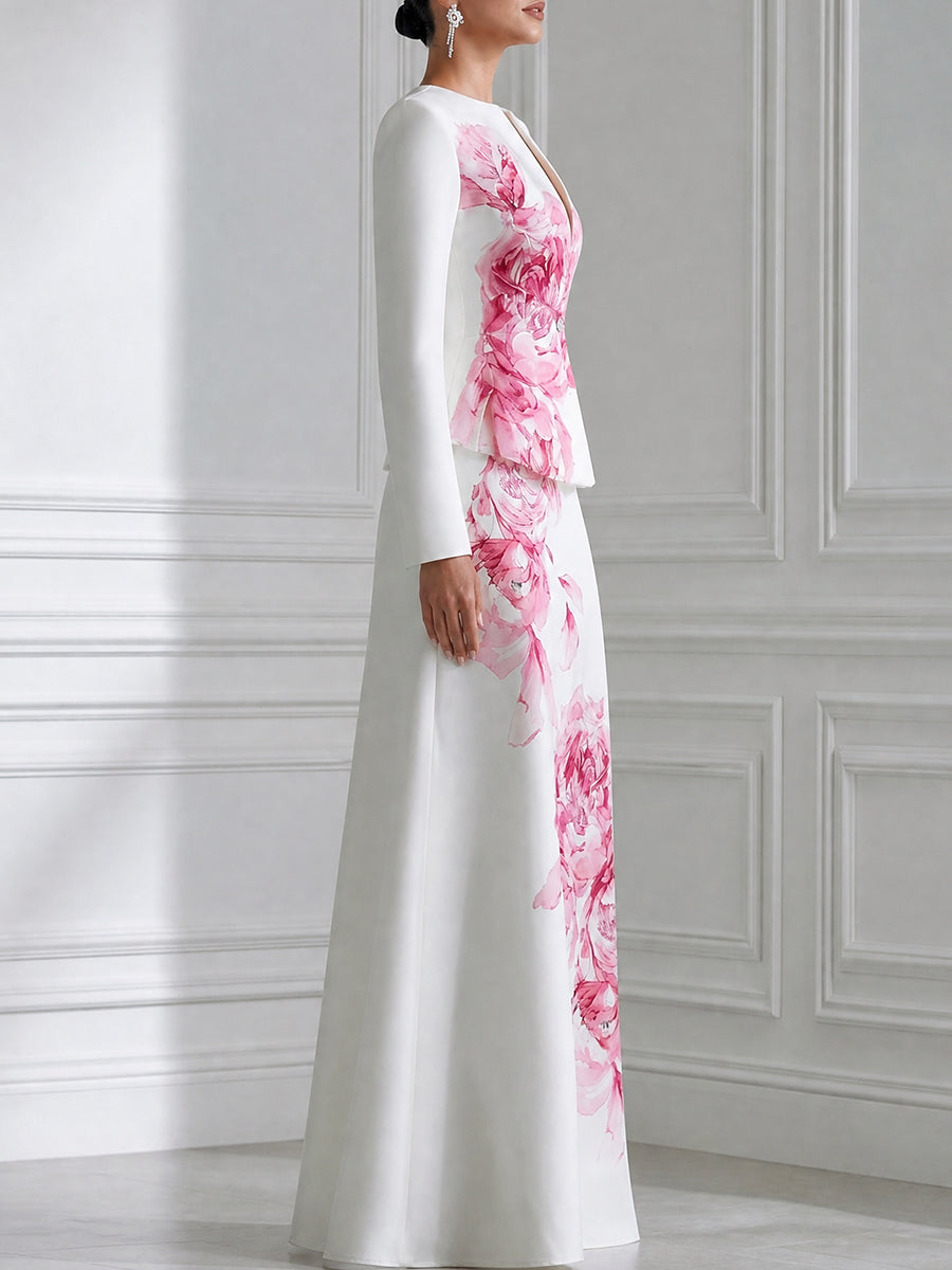 Elegant Floral Print Long Sleeve Blazer & Maxi Skirt Two-Piece Set