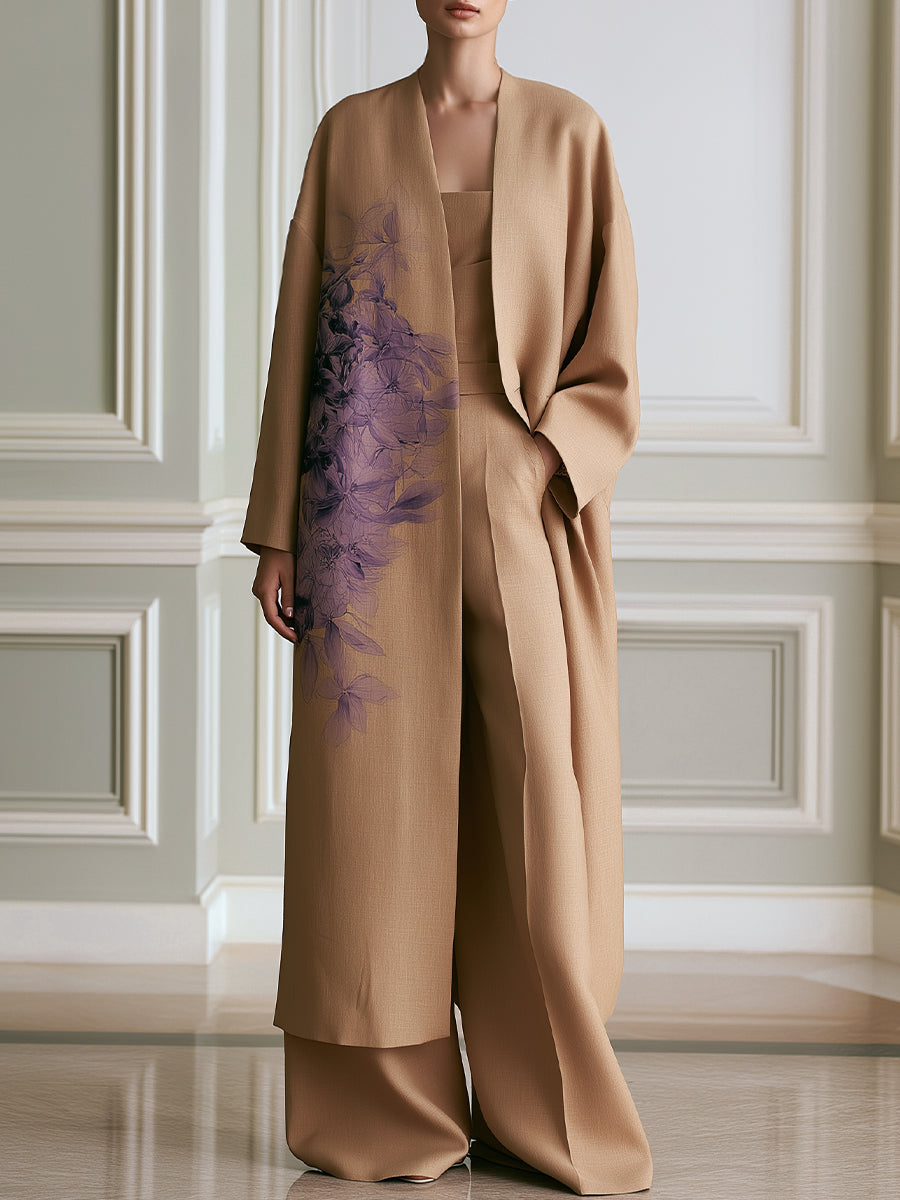 Floral Print Long Kimono Coat with Tube Top and Wide-Leg Pants Set