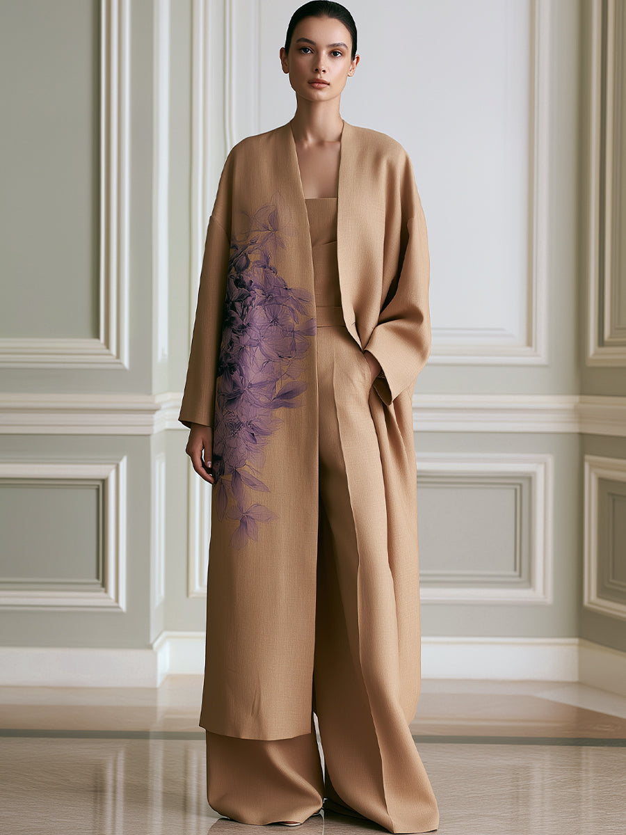 Floral Print Long Kimono Coat with Tube Top and Wide-Leg Pants Set