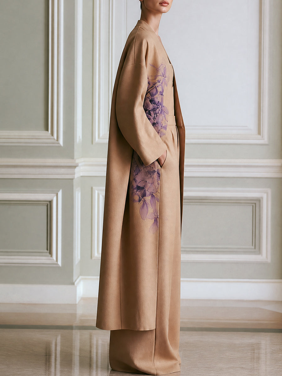 Floral Print Long Kimono Coat with Tube Top and Wide-Leg Pants Set