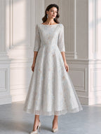Elegant Ivory Floral Embroidered Lace A-Line Midi Dress