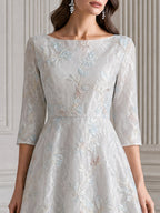 Elegant Ivory Floral Embroidered Lace A-Line Midi Dress