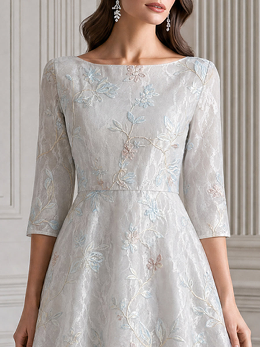 Elegant Ivory Floral Embroidered Lace A-Line Midi Dress