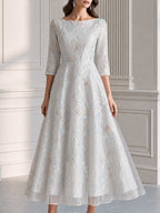 Elegant Ivory Floral Embroidered Lace A-Line Midi Dress