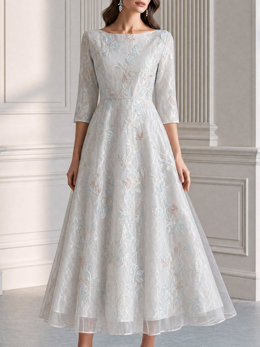 Elegant Ivory Floral Embroidered Lace A-Line Midi Dress