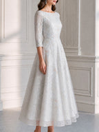 Elegant Ivory Floral Embroidered Lace A-Line Midi Dress