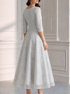 Elegant Ivory Floral Embroidered Lace A-Line Midi Dress