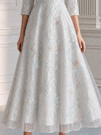 Elegant Ivory Floral Embroidered Lace A-Line Midi Dress
