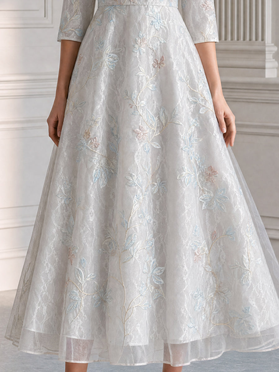 Elegant Ivory Floral Embroidered Lace A-Line Midi Dress