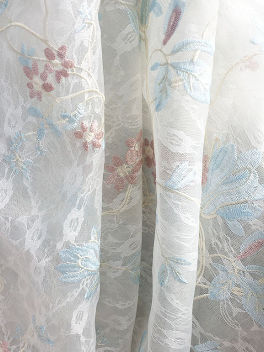 Elegant Ivory Floral Embroidered Lace A-Line Midi Dress
