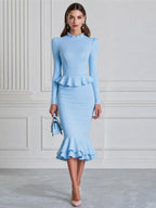 Elegant Peplum Ruffle Mermaid Midi Dress