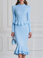 Elegant Peplum Ruffle Mermaid Midi Dress