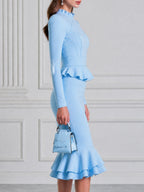 Elegant Peplum Ruffle Mermaid Midi Dress