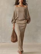 Sophisticated Beige Off Shoulder Ribbed Knit Set