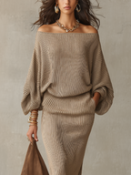 Sophisticated Beige Off Shoulder Ribbed Knit Set